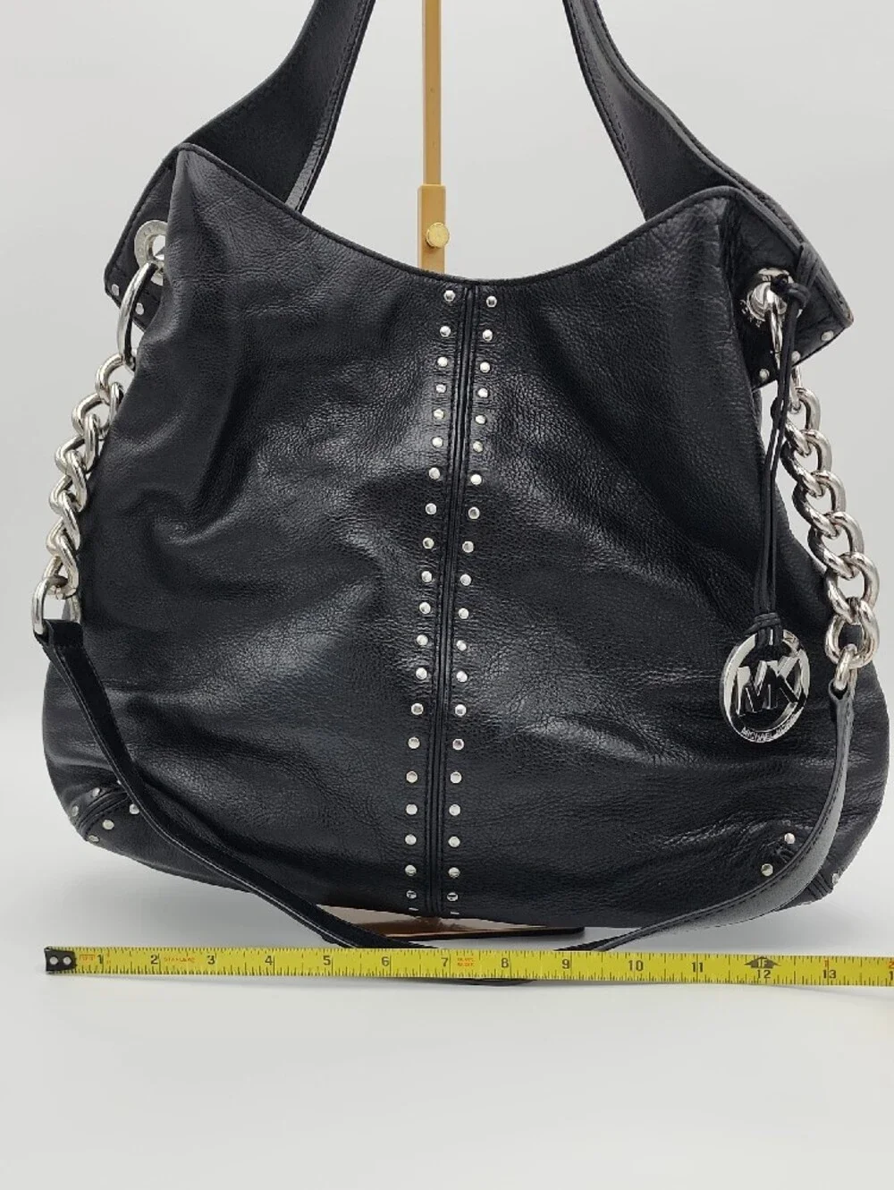 Michael Kors Uptown Astir Tortuga Black Leather Studded Chain-Accent Hobo
